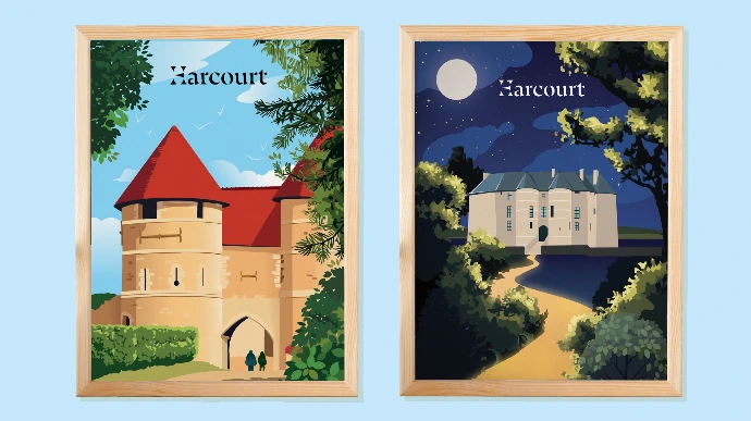 Winter and summer illustrations of the Domaine d'Harcourt created by Les Parisettes