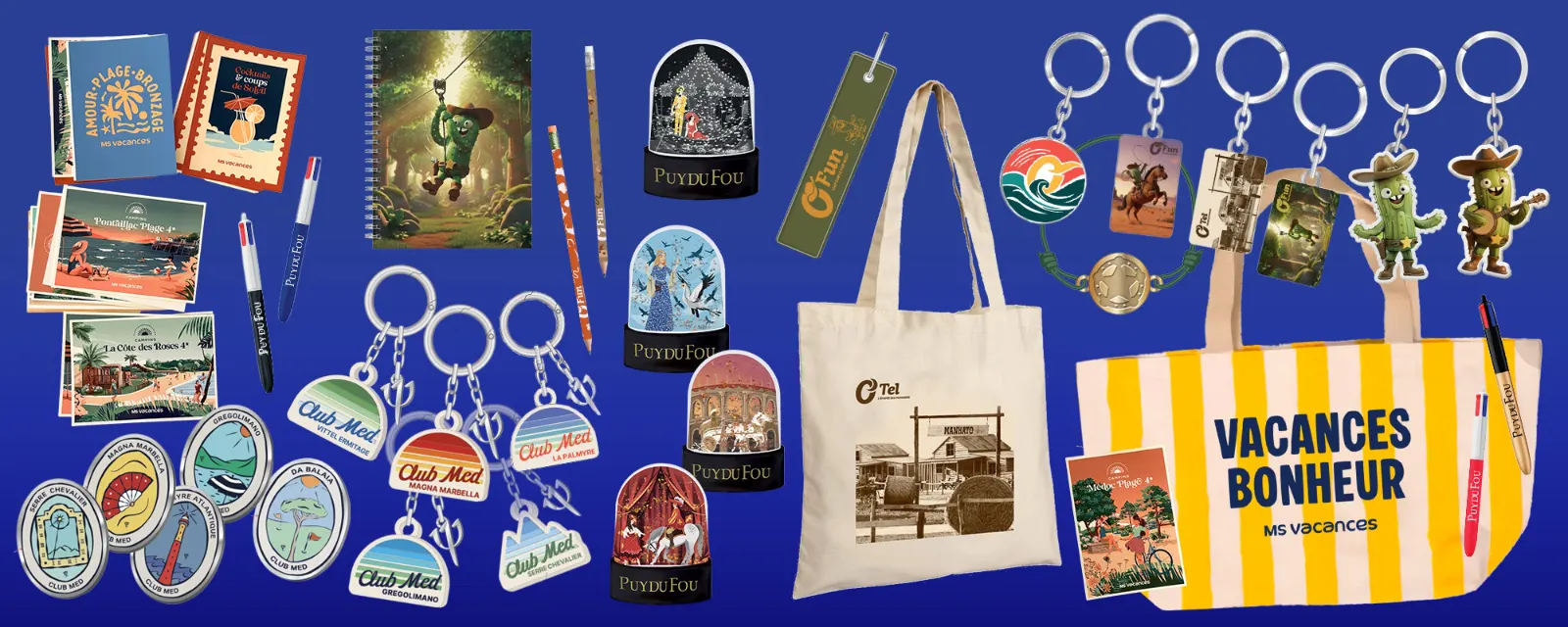 Custom merchandise created by Les Parisettes for theme parks and holiday villages: snow globes, keyrings, tote bags, notebooks and stationery